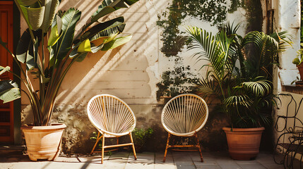 Canvas Print - a couple of chairs sitting next to each other on a patio next to a plant