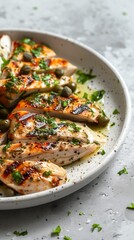 Wall Mural - A white plate delicately displays succulent grilled chicken, drizzled with a creamy tonnato sauce and adorned with capers. A tasty combination of tender chicken with rich sauce and capers.