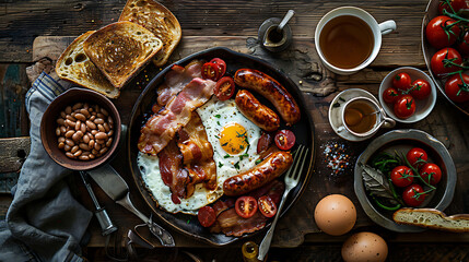 Poster - A mouthwatering photograph capturing the quintessential English breakfast spread, featuring crispy bacon, sunny-side-up eggs, sausages, grilled tomatoes, baked beans, toast