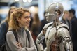 Young Woman Engaging in Conversation With Humanoid Robot at a Tech Exposition