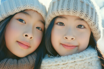 Wall Mural - Two young girls are pictured wearing warm knit hats and scarves. This image can be used to depict winter fashion or friendship in cold weather