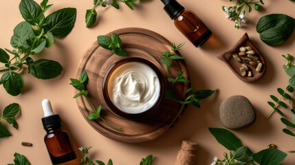 Wall Mural - A wooden bowl filled with cream is placed next to small bottles of essential oils. This versatile image can be used to depict skincare, natural remedies, aromatherapy, and self-care products