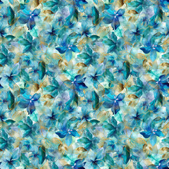 Wall Mural - Seamless pattern of abstract flowers and leaves in blue-turquoise color with gold. Design for wallpaper, posters, cards, wrapping paper and textile products.