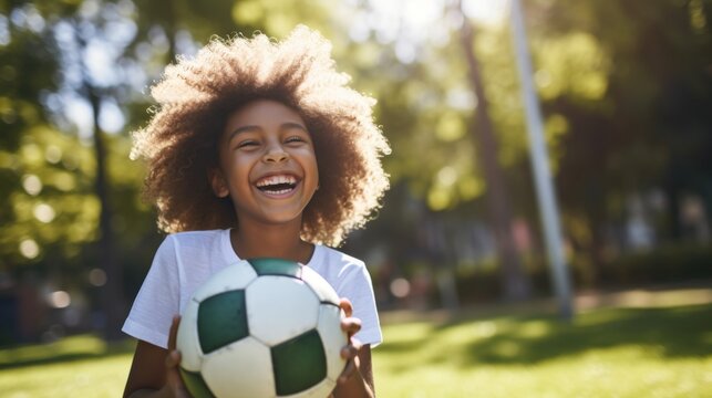 Happy young african american black girl holding a soccer ball
