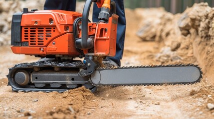 Construction worker using portable gasoline chainsaw for cutting trees in close up view