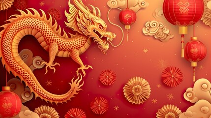 Oriental traditional Dragon artwork on red background. Lunar New Year Celebration