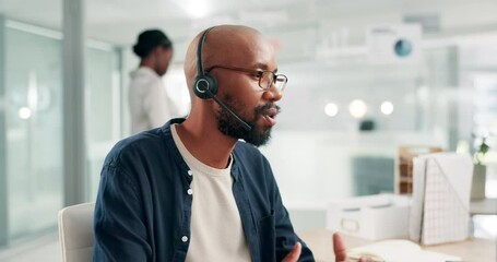Aufkleber - Callcenter, advice and phone call with black man, headset and consultant at customer service agency. Tech support, telemarketing and virtual assistant at help desk with conversation at crm office.