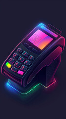 Poster - A cell phone is placed on top of a table beside a payment terminal, suggesting electronic payment.