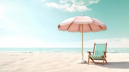 Cute color of umbrella and beach chair at summer tropical beach background.