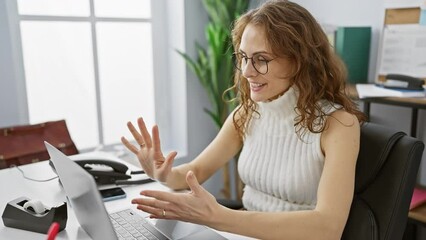 Canvas Print - Cheerful young woman at the office, confidently working and raising hand showing off the number five with a beaming smile