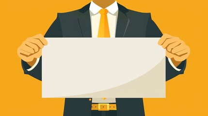 Poster - Corporate man presenting oversized white paper mockup on pastel backdrop for text or graphics.