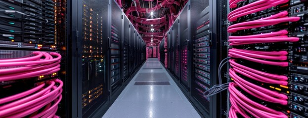 Poster - A photo showcasing a lengthy array of servers in a data center, connected by network cables.
