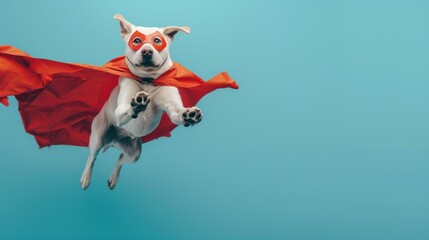 Superhero dog wearing red cape and mask jumping on blue background. Generative AI.