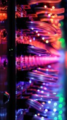 Poster - a detailed view of a rack filled with computer equipment in a data center.