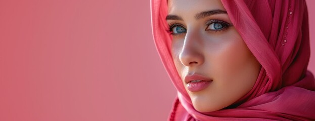 Wall Mural - A young woman wearing a pink scarf is captured in a close-up shot against a pastel background.