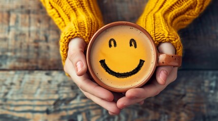 Wall Mural - Happy morning concept with hands holding coffee cup with cheerful smiling face on mug