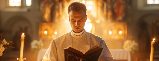 A Catholic priest dressed in a traditional outfit is shown reading a book.