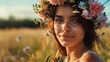 Beautiful mixed race young woman with flower wreath isolated on spring field with copy space.