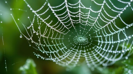 Cobweb or spiderweb natural rain pattern background close-up. Cobweb with drops of rain pattern in blue light. Cobweb net texture with morning rain bokeh. Partial blur view lines spider web necklace