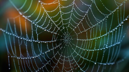Wall Mural - Cobweb or spiderweb natural rain pattern background close-up. Cobweb with drops of rain pattern in blue light. Cobweb net texture with morning rain bokeh. Partial blur view lines spider web necklace