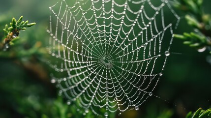 Wall Mural - Cobweb or spiderweb natural rain pattern background close-up. Cobweb with drops of rain pattern in blue light. Cobweb net texture with morning rain bokeh. Partial blur view lines spider web necklace