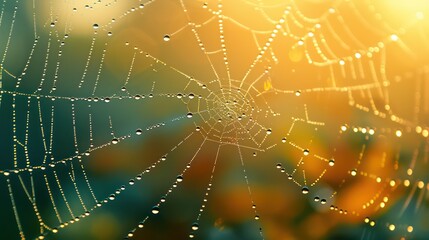 Wall Mural - Spider web, plants and dew drops close-up. Natural pattern. Golden background. Soft sunlight. Macrophotography, graphic resources, insects, environmental conservation. Panoramic view, copy space