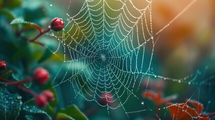Wall Mural - Spider web, plants and dew drops close-up. Natural pattern. Golden background. Soft sunlight. Macrophotography, graphic resources, insects, environmental conservation. Panoramic view, copy space