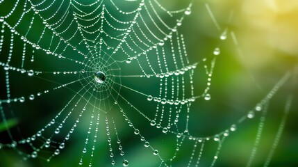Wall Mural - Spider web, plants and dew drops close-up. Natural pattern. Golden background. Soft sunlight. Macrophotography, graphic resources, insects, environmental conservation. Panoramic view, copy space