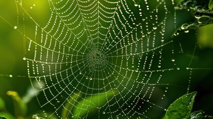 Wall Mural - Spider web, plants and dew drops close-up. Natural pattern. Golden background. Soft sunlight. Macrophotography, graphic resources, insects, environmental conservation. Panoramic view, copy space