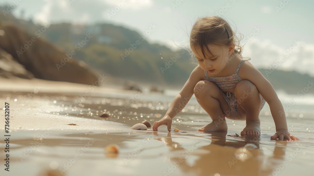 Little girl playing in the sand during a beach vacation, cute toddler ...