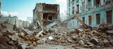 Fototapeta Niebo - Building demolished, wreckage of house. Debris of concrete, bricks, stones.