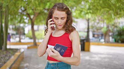 Poster - Attractive young woman, engrossed in serious conversation on her smartphone, at outdoor park, clutching her united states passport prior to embarking on an exciting american holiday.