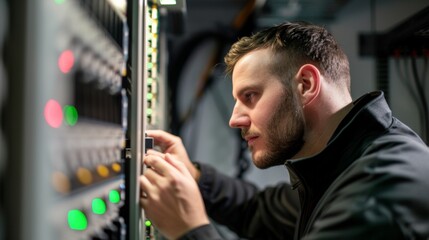Wall Mural - focused network engineer adjusting equipment in server room, surrounded by illuminated indicators an