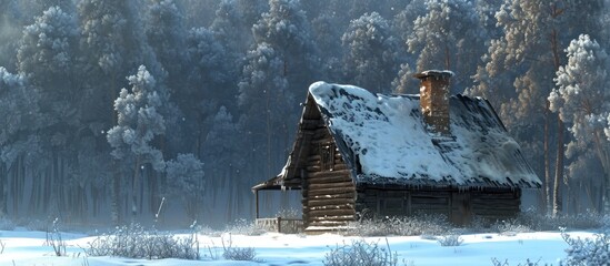 Wall Mural - Winter cabin in a forest made of wood.