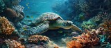 Fototapeta Do akwarium - Green sea turtle rests in the ocean floor amidst corals.
