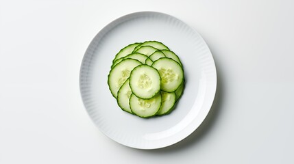 Poster - Photo a Cucumber, on a white round plate, on a white background, top view