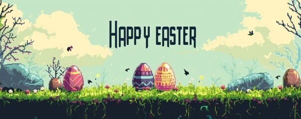 Wall Mural - a beautiful pixel art easter card with eggs in the grass Generative AI