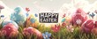 colorful eggs in the grass with happy easter written on a sign Generative AI
