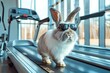 Cool Easter bunny with sunglasses on the treadmill in the gym.