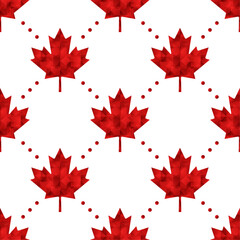 Canadian vector seamless pattern. Red polygonal maple leaves and dots on white background.