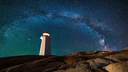 Poster - Lighthouse surrounded by rocks at night, lighthouse with lights on at night