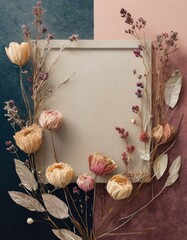 Abstract background or other graphic resource with a frame and dry flowers around. Calm, deep, stylish colors, boho. It can be used for social media