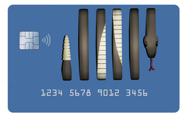 Sticker - A generic, mock credit card or debit card is seen in this 3-d illustration about banking, finance and business. An image of a snake reptile deocrates the card.