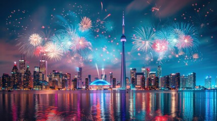 Poster - Festive fireworks over city skyline, vibrant celebration with colorful illumination