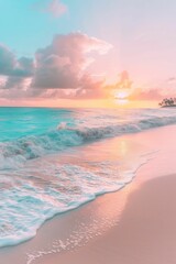 Canvas Print - Tranquil beach at sunrise, soft pastel colors and serene atmosphere, emphasizing peace and renewal