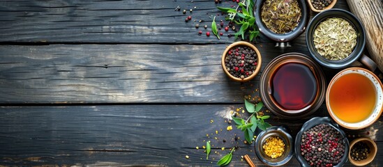 Canvas Print - Shot of herbal tea with condiments on wooden surface.