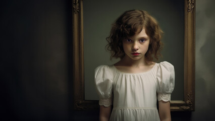 Eerie portrait of a young teenage girl with short brown hair and standing in front of a mirror.