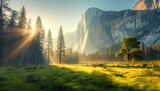Fototapeta  - Yosemite National Park with sunrays piercing through the trees onto the misty grassland against the backdrop of a towering mountain cliff