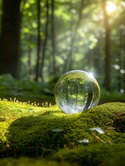 Wall Mural - crystal globe on moss in a forest, realistic, hd, copy space - generative ai