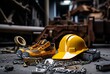 a yellow hard hat and shoes